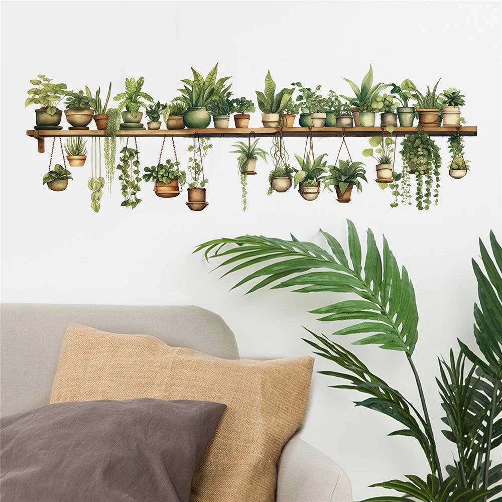 Green Plants Wall Sticker Potted Plants Leaves PVC Wall Decals for Living Room Bedroom - 2
