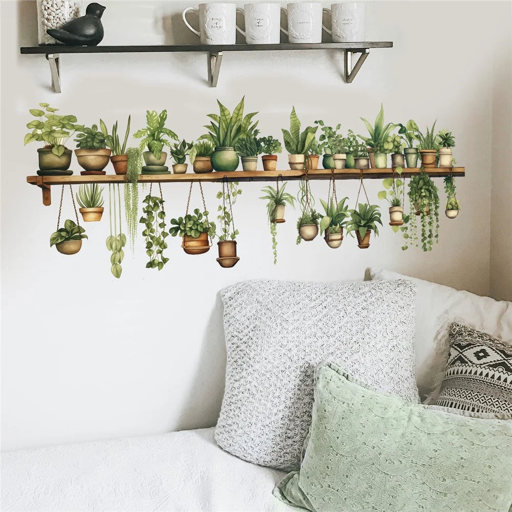 Green Plants Wall Sticker Potted Plants Leaves PVC Wall Decals for Living Room Bedroom - 3