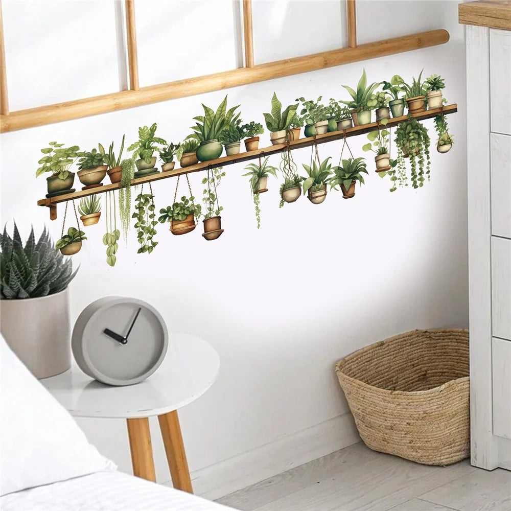 Green Plants Wall Sticker Potted Plants Leaves PVC Wall Decals for Living Room Bedroom - 4