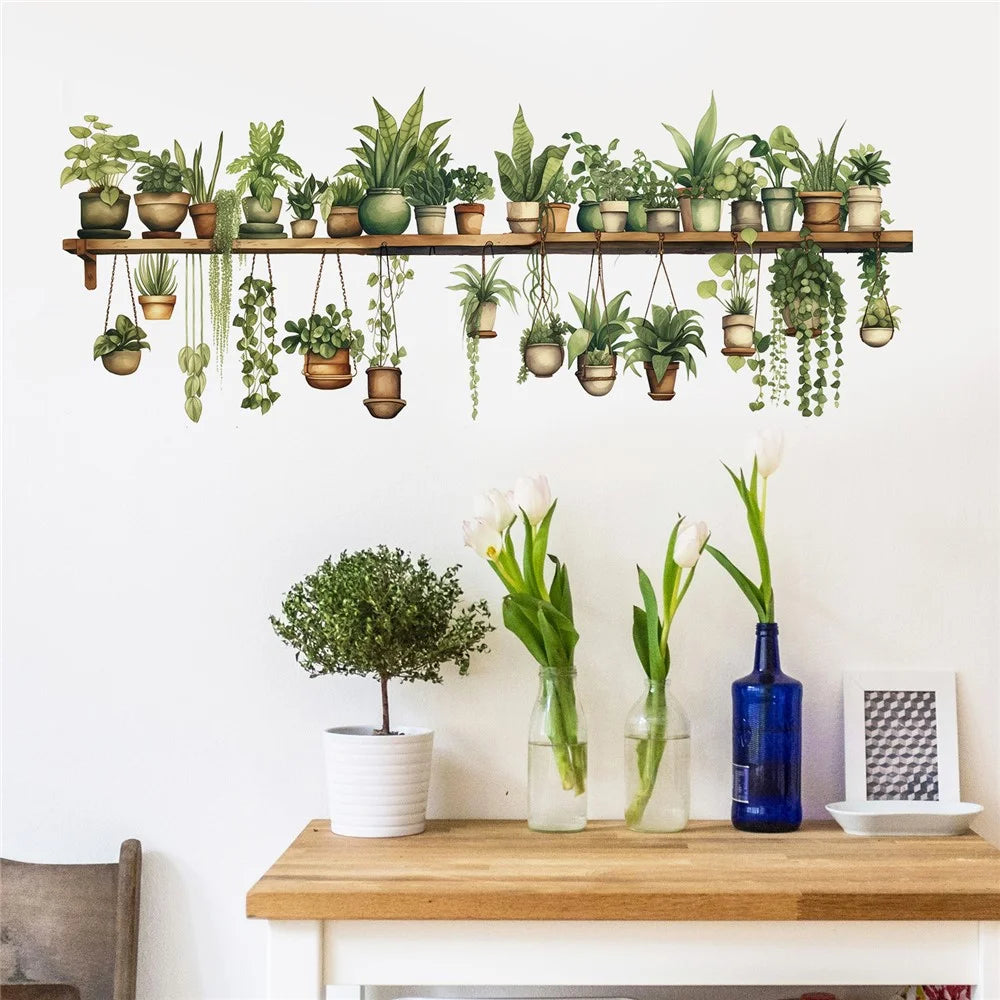 Green Plants Wall Sticker Potted Plants Leaves PVC Wall Decals for Living Room Bedroom - 5