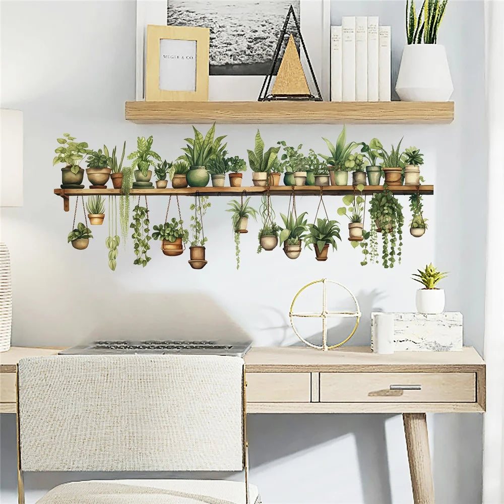 Green Plants Wall Sticker Potted Plants Leaves PVC Wall Decals for Living Room Bedroom - 6