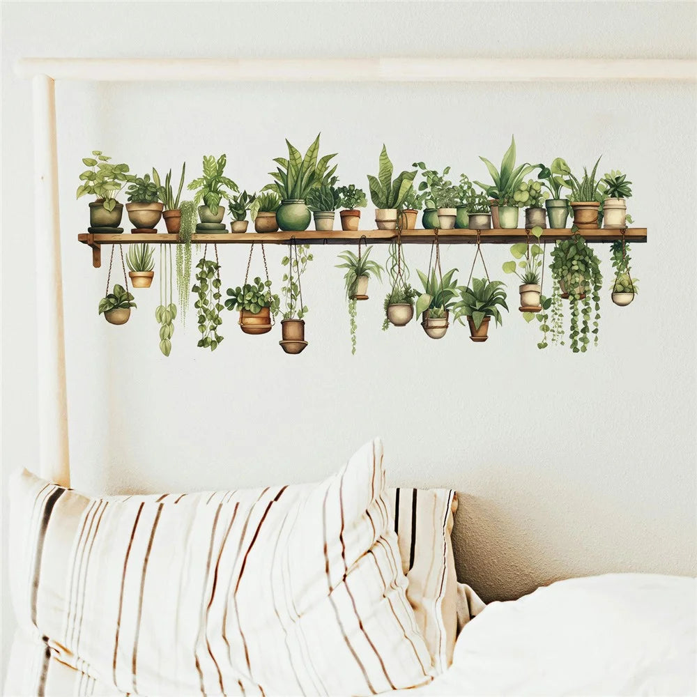 Green Plants Wall Sticker Potted Plants Leaves PVC Wall Decals for Living Room Bedroom - 7