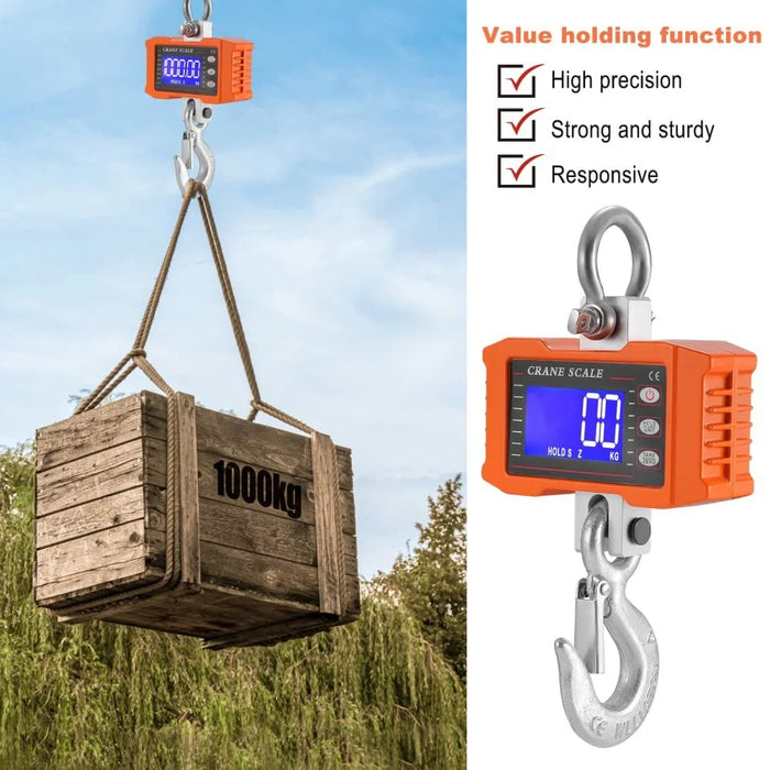 LCD Display Digital Crane Scale 1000kg  /  2204lbs Portable Hanging Scale for Industry Construction Outdoor - Orange - 3
