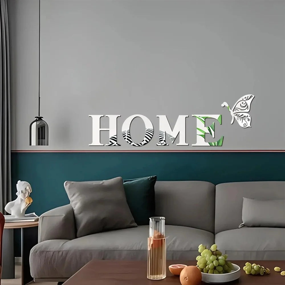 HOME Family Slogan 80 x 27cm 3D Acrylic Mirror Wall Sticker Living Room Entrance Home Decoration - Silver - 3