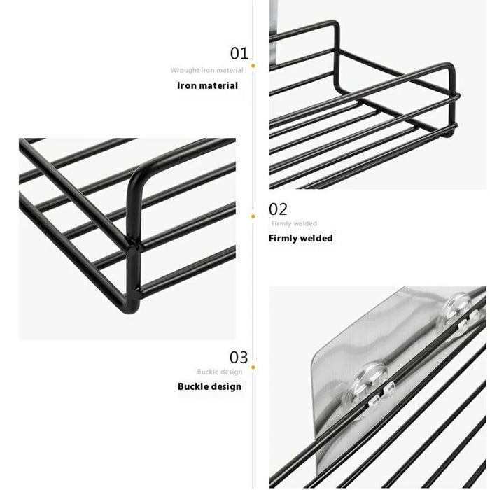 Iron Bathroom Storage Rack Wall Mounted Shower Caddy Organizer No Drill Toiletry Shelf - Black - 3