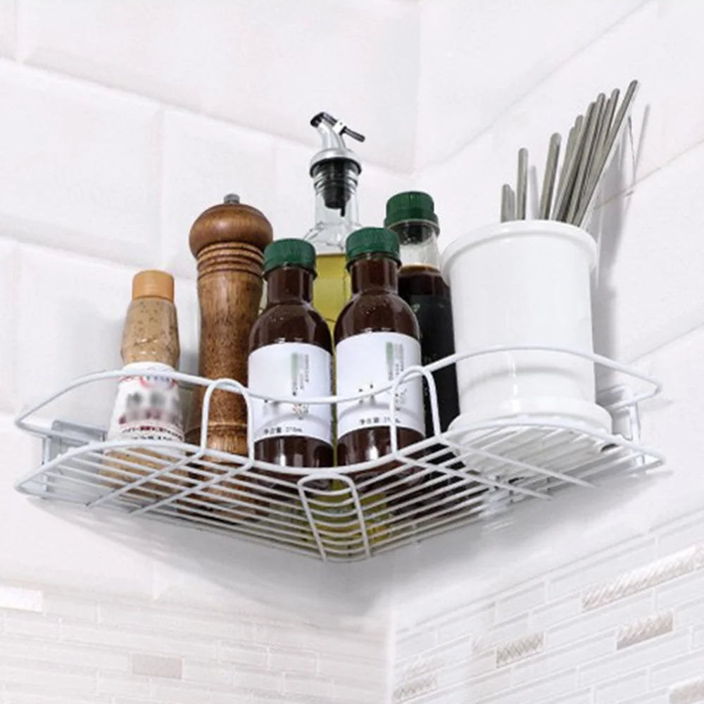 Bathroom Shelf Large Size Wall Mounted Corner Storage Rack No Drilling Triangle Makeup Organizer - White - 1
