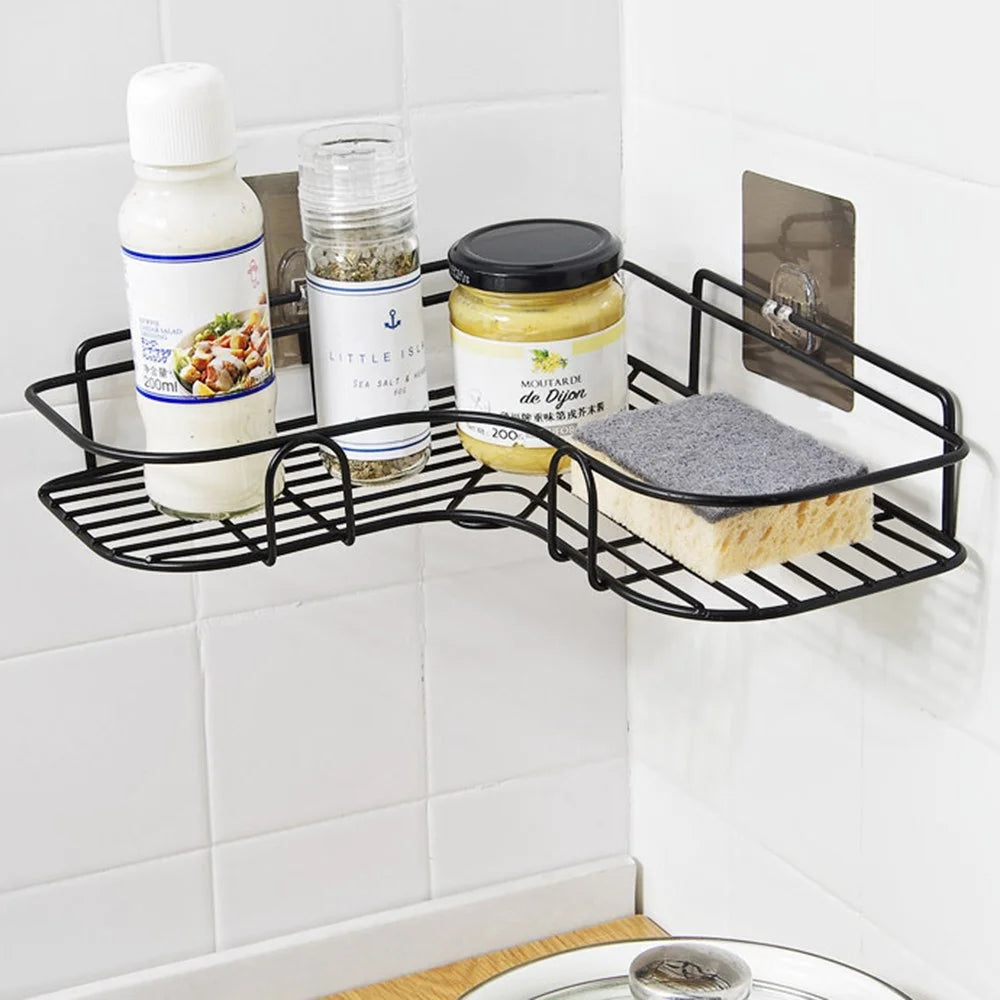 Bathroom Shelf Large Size Wall Mounted Corner Storage Rack No Drilling Triangle Makeup Organizer - Black - 1