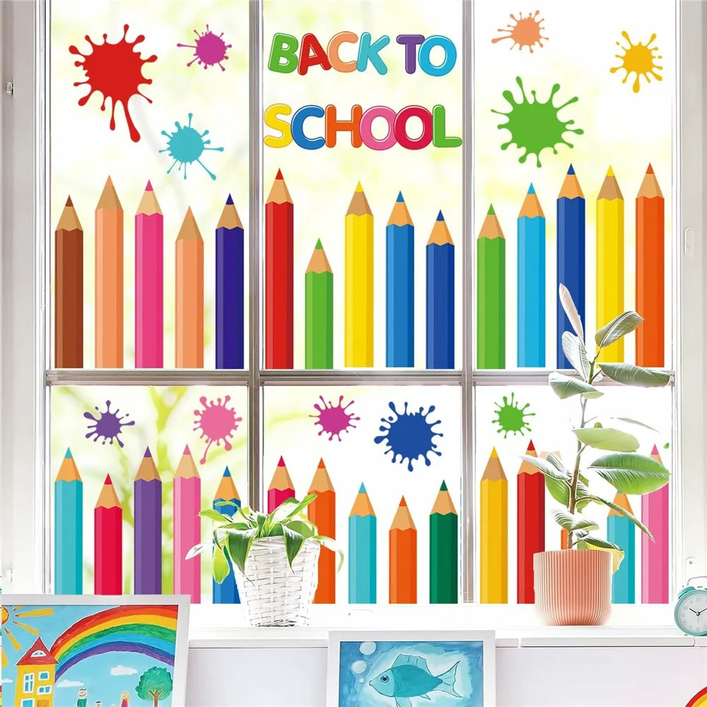 KXJ23003 9Pcs Window Clings Pencil Design Double-Sided Stickers Colorful Back to School Classroom Decals - 2