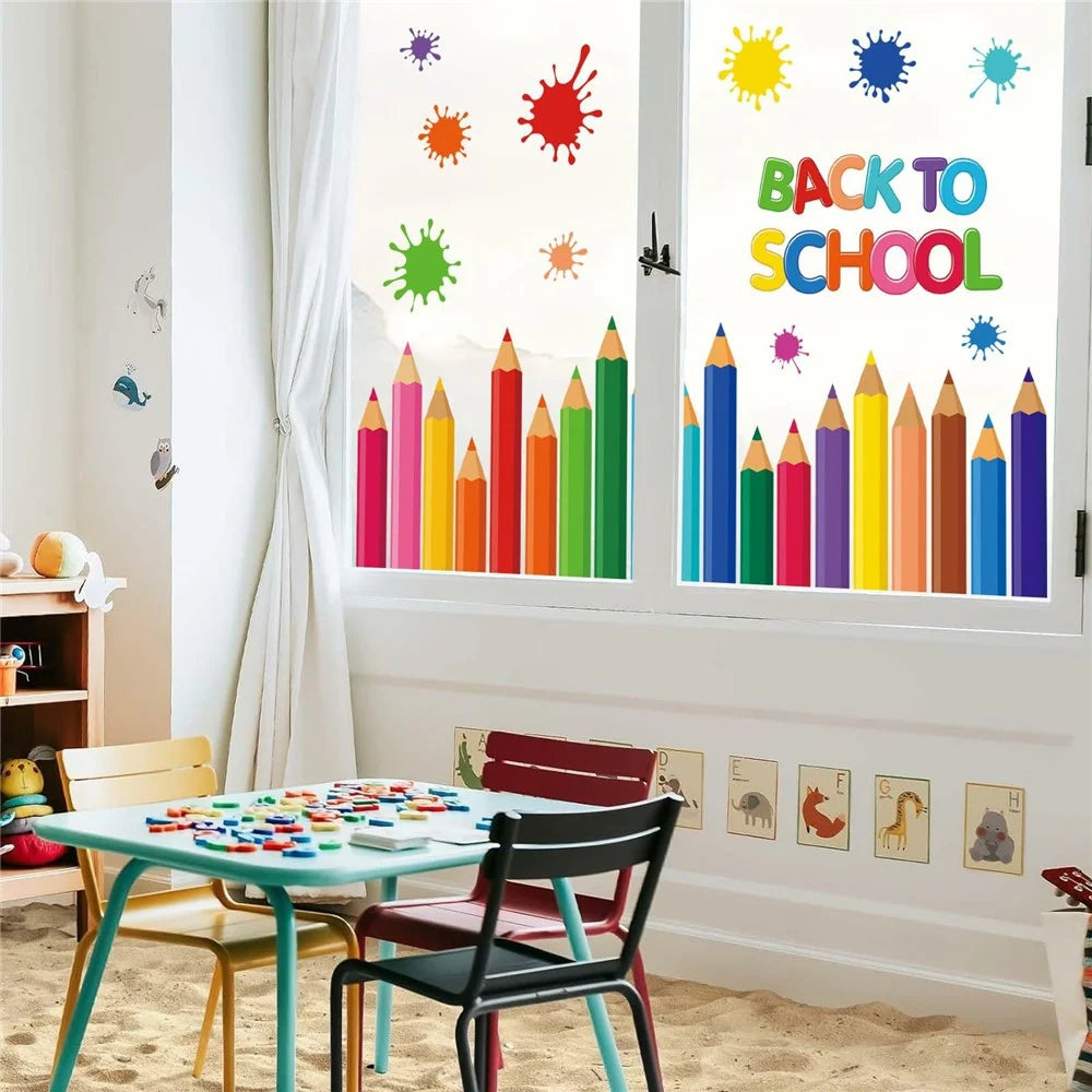KXJ23003 9Pcs Window Clings Pencil Design Double-Sided Stickers Colorful Back to School Classroom Decals - 4