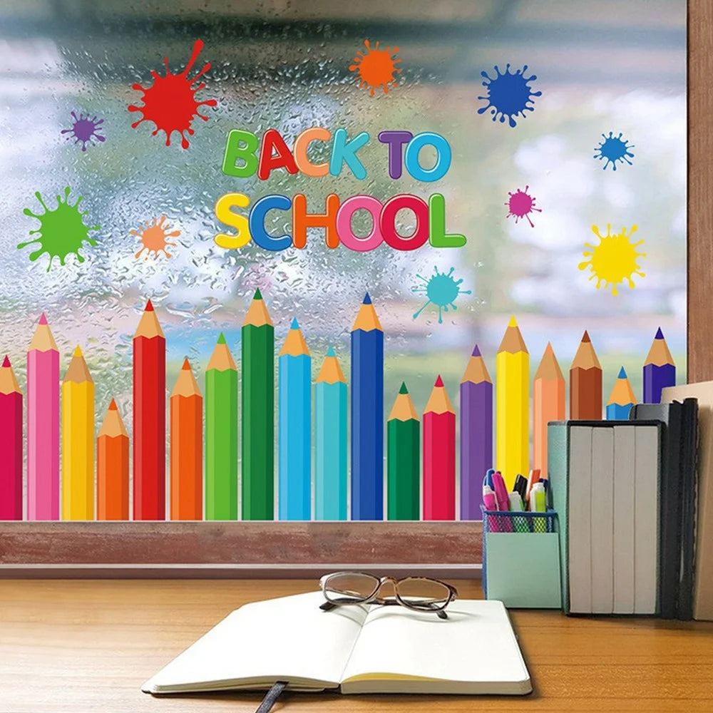 KXJ23003 9Pcs Window Clings Pencil Design Double-Sided Stickers Colorful Back to School Classroom Decals - 5