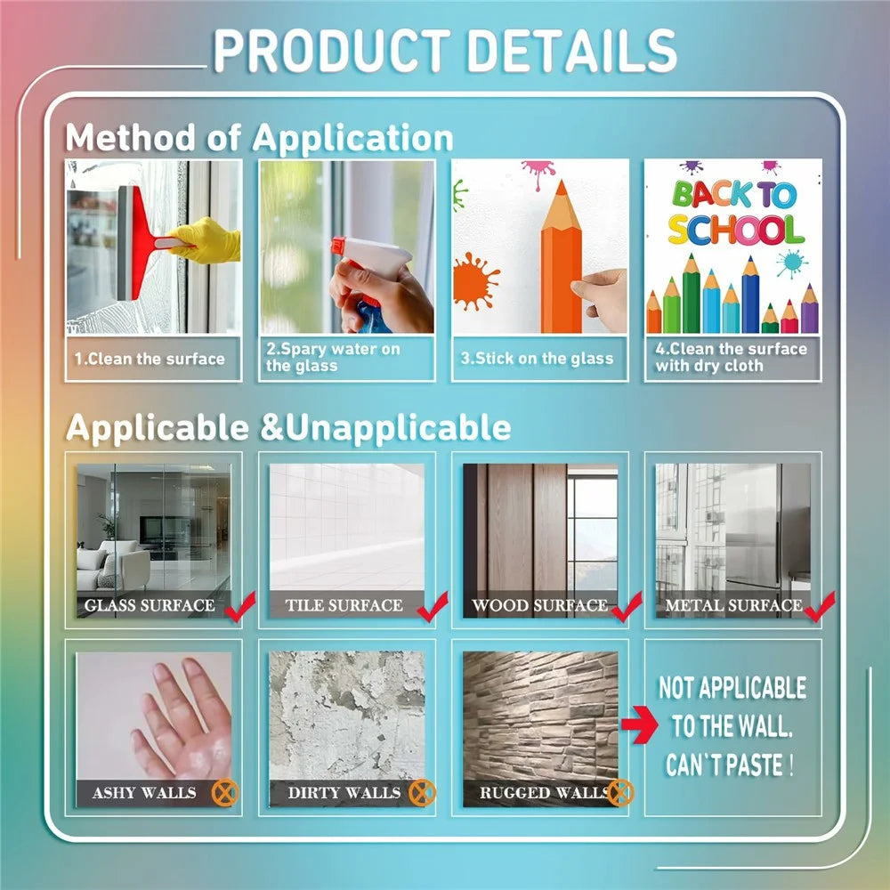 KXJ23003 9Pcs Window Clings Pencil Design Double-Sided Stickers Colorful Back to School Classroom Decals - 7