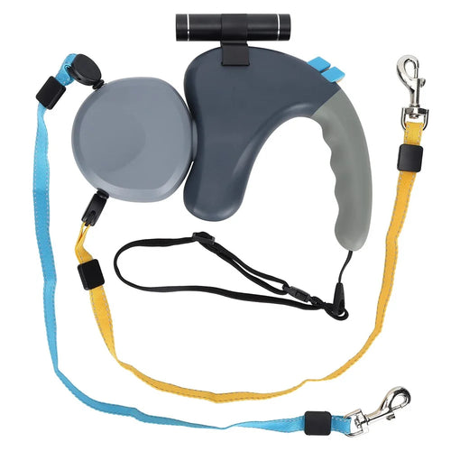 360 Degree Rotating Retractable Dog Leash Dual Head Walking Lead with LED Light for 2 Dogs - Grey - 1