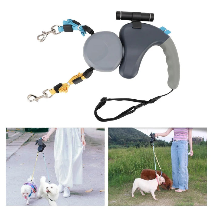 360 Degree Rotating Retractable Dog Leash Dual Head Walking Lead with LED Light for 2 Dogs - Grey - 3