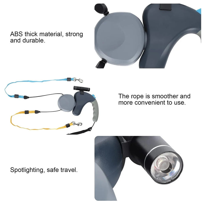 360 Degree Rotating Retractable Dog Leash Dual Head Walking Lead with LED Light for 2 Dogs - Grey - 7