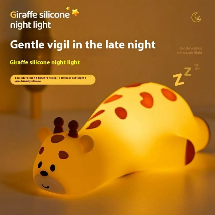 Cute Cartoon Giraffe Night Light Tap Control Silicone Bedside Lamp with Timer Desk Decor - 2
