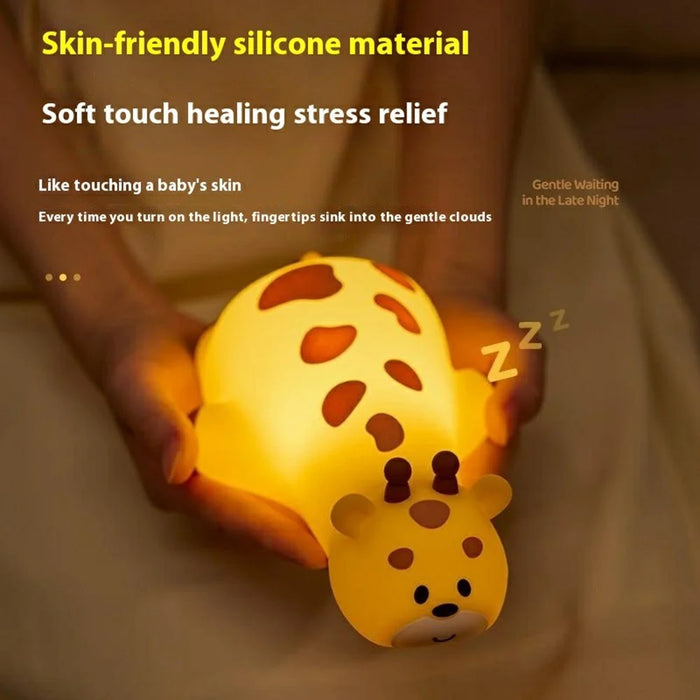 Cute Cartoon Giraffe Night Light Tap Control Silicone Bedside Lamp with Timer Desk Decor - 5