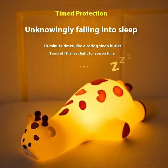 Cute Cartoon Giraffe Night Light Tap Control Silicone Bedside Lamp with Timer Desk Decor - 6