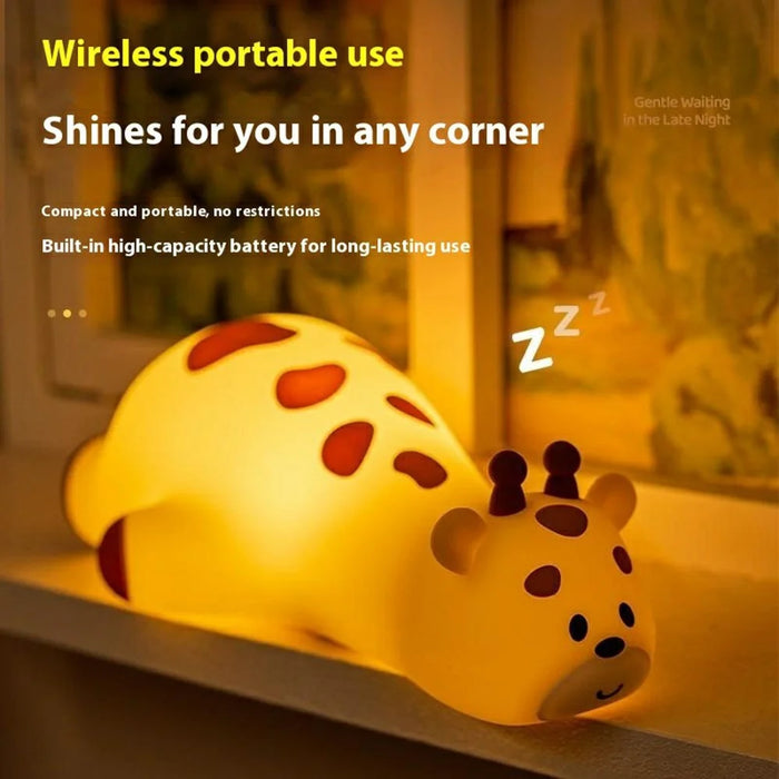 Cute Cartoon Giraffe Night Light Tap Control Silicone Bedside Lamp with Timer Desk Decor - 7