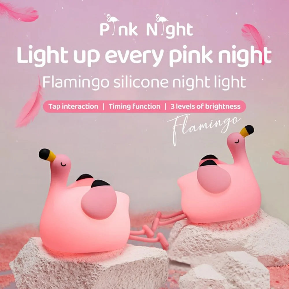 Pink Bird Night Light Tap Control Silicone Bedside Lamp with Timer Desk Decor Stress Relief Toy - 2
