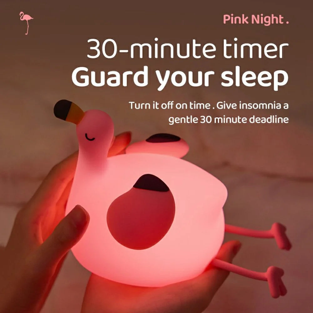 Pink Bird Night Light Tap Control Silicone Bedside Lamp with Timer Desk Decor Stress Relief Toy - 6