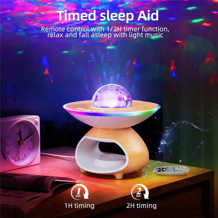 TCSP-001-WC USB Rechargeable Wood Grain Starry Sky Projection Night Light Bluetooth-compatible Speaker Phone Wireless Charger - Wood Color - 2