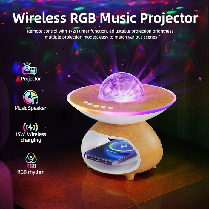 TCSP-001-WC USB Rechargeable Wood Grain Starry Sky Projection Night Light Bluetooth-compatible Speaker Phone Wireless Charger - Wood Color - 7