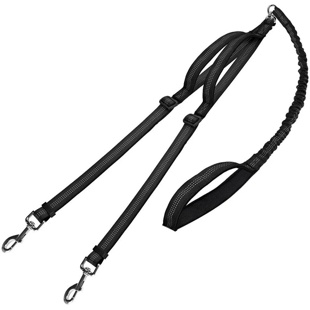 140-200cm Adjustable Length Nylon Reflective Dog Leash Dual Headed Pet Lead Gift for 2 Dogs - Black - 1
