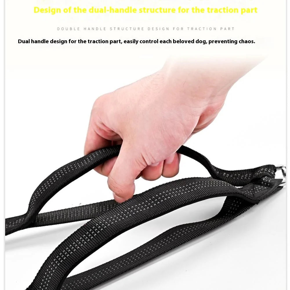 140-200cm Adjustable Length Nylon Reflective Dog Leash Dual Headed Pet Lead Gift for 2 Dogs - Black - 2