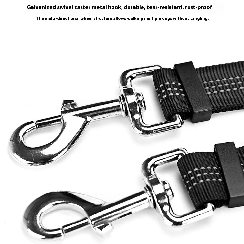 140-200cm Adjustable Length Nylon Reflective Dog Leash Dual Headed Pet Lead Gift for 2 Dogs - Black - 6