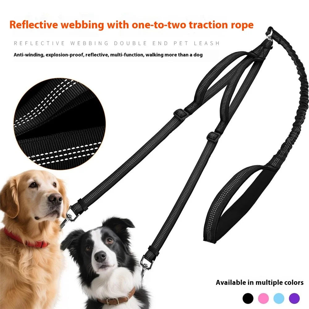 140-200cm Adjustable Length Nylon Reflective Dog Leash Dual Headed Pet Lead Gift for 2 Dogs - Black - 7