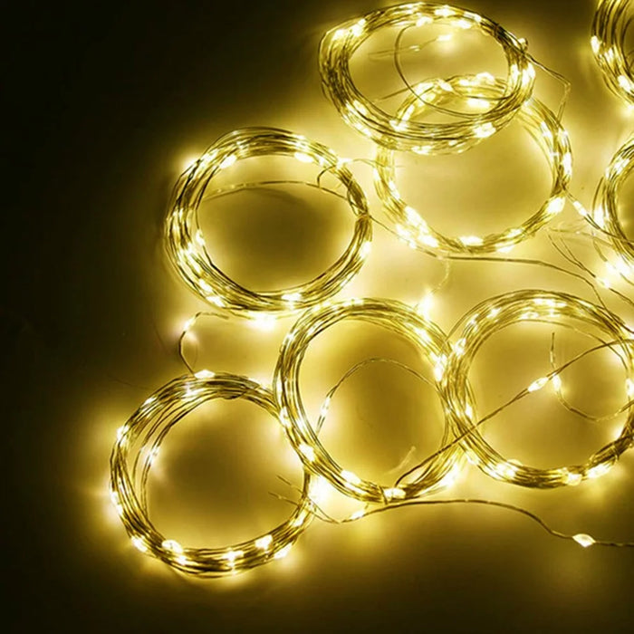 3 x 3m 300 LEDs Solar Powered Copper Wire Curtain Lamp Waterfall Fairy String Light Festival Decoration - Warm Light - 1