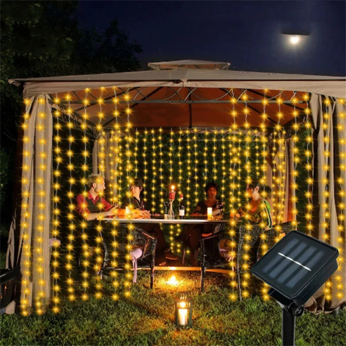 3 x 3m 300 LEDs Solar Powered Copper Wire Curtain Lamp Waterfall Fairy String Light Festival Decoration - Warm Light - 2