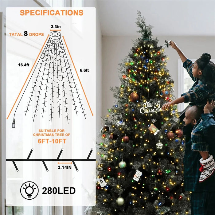2m 400 LEDs Waterproof Christmas Tree Curtain String Lights 8 Modes Waterfall Fairy Lamp Tree Topper Decor, EU Plug - Colorful Light - 7
