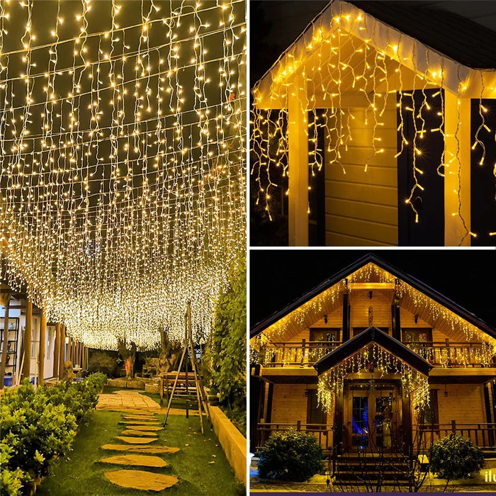 10m 400 LEDs Solar Powered LED Curtain Icicle String Light IP44 Waterproof 8 Modes Ambiance Lamp - Warm White - 6