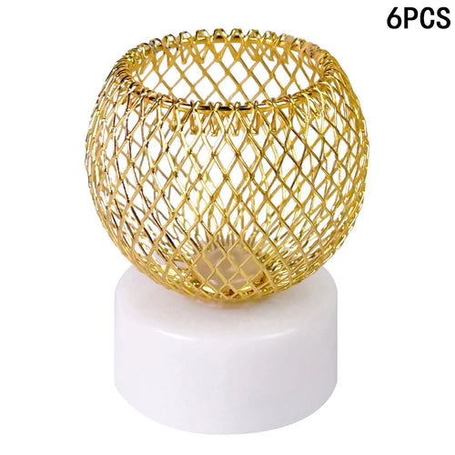6Pcs Creative Electronic Candle Lights Hollow Gold Plated Iron Table Night Light Set for Christmas Decor (Colored Box) - 5.3cm Half Ball - 1