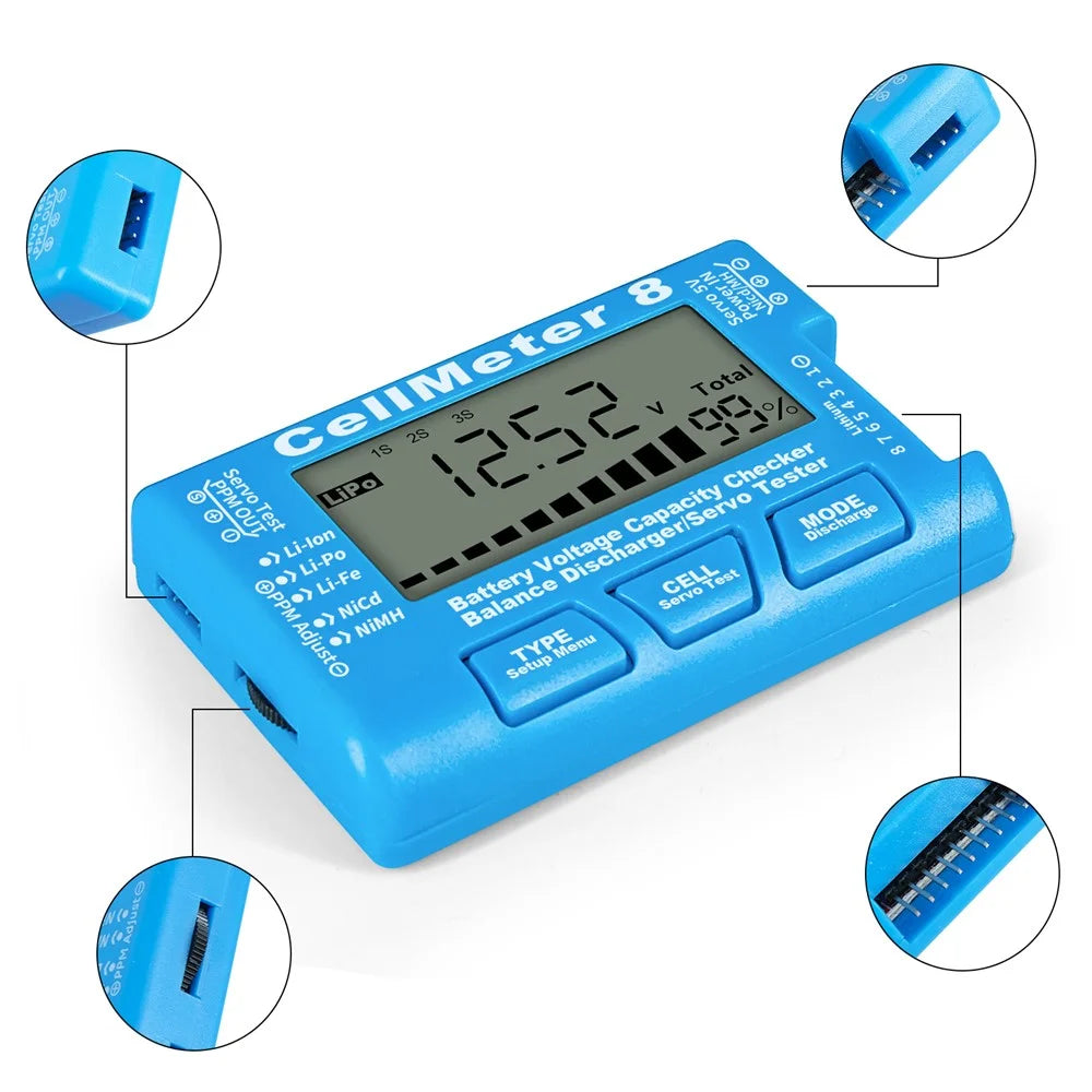Cellmeter 8-in-1 Digital Battery Capacity Checker Controller Tester Voltage Tester for Li-Po Li-ion NiMH Nicd Cell Meter - Blue - 4