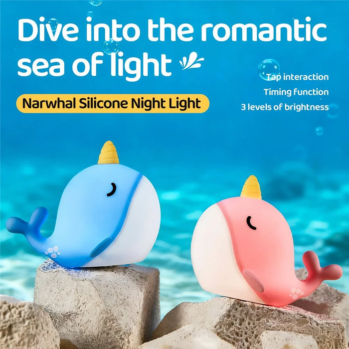 A044 Narwhal Silicone Night Light Tap Control Stress Relief Bedside Lamp Gift Desktop Decor - Blue - 2