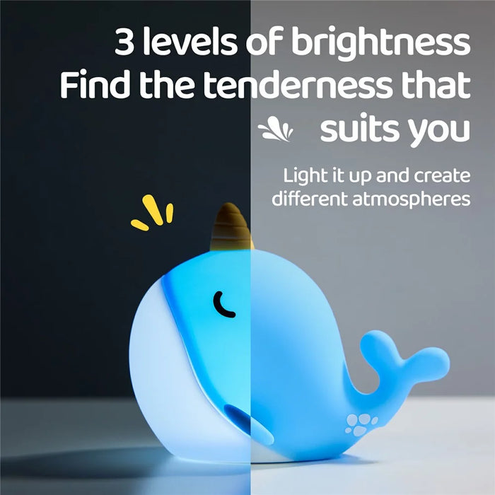 A044 Narwhal Silicone Night Light Tap Control Stress Relief Bedside Lamp Gift Desktop Decor - Blue - 5