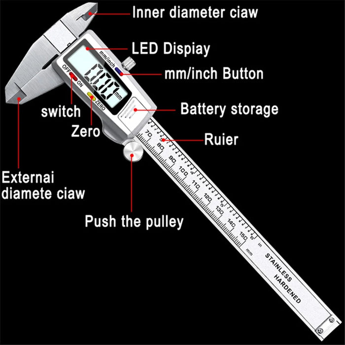 0-150mm Digital Vernier Stainless Steel LCD Display Caliper with Tri-color Button for Length Width Depth Diameter - 5