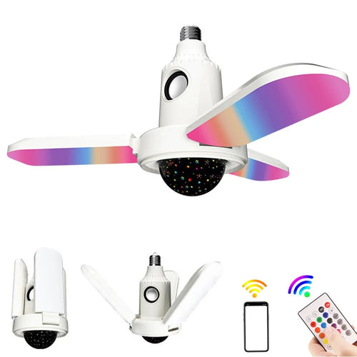 Small Star Projector Lamp E27 Three-Leaf Folding RGB Color Changing Ceiling Light Bluetooth-compatible Speaker with Remote Control - 1