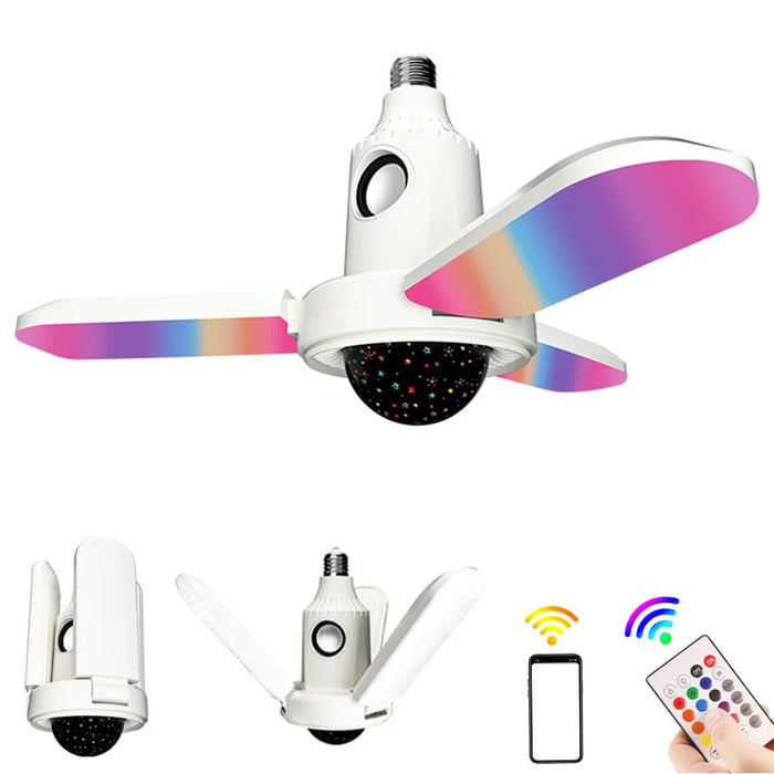 Small Star Projector Lamp E27 Three-Leaf Folding RGB Color Changing Ceiling Light Bluetooth-compatible Speaker with Remote Control - 1