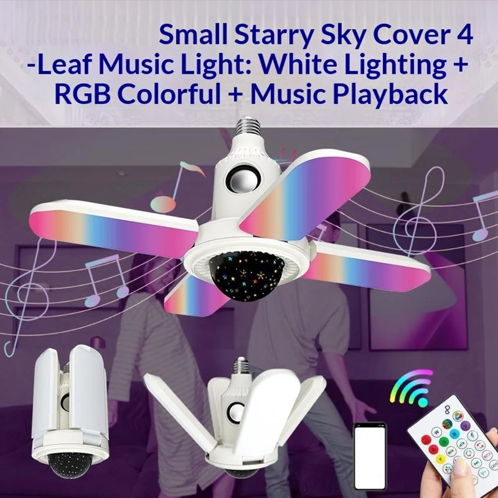 Small Star Projector Lamp E27 Four-Leaf Folding RGB Color Changing Ceiling Light Bluetooth-compatible Speaker with Remote Control - 6