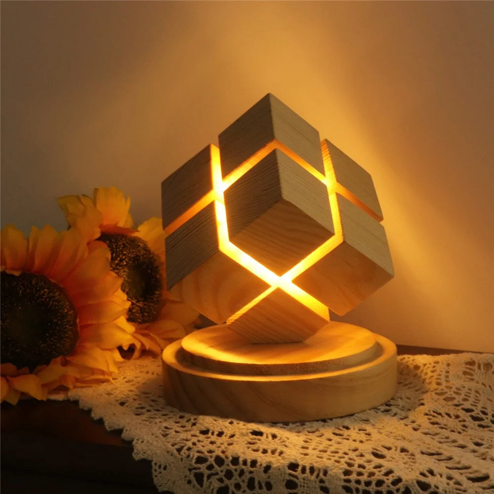 4x4 Magic Cube Design Night Light Bedside Decor LED Lamp Rubber Wood USB Powered Light for Bedroom / Study Ambient Lighting - 3