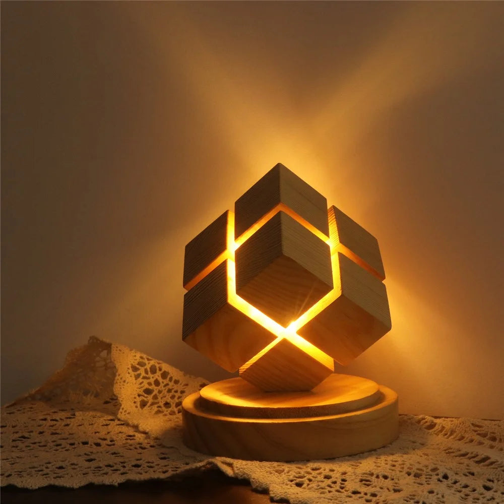4x4 Magic Cube Design Night Light Bedside Decor LED Lamp Rubber Wood USB Powered Light for Bedroom / Study Ambient Lighting - 4