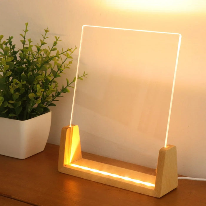 Small 153 x 200 x 4mm DIY Acrylic Handwritten Note Board Wood LED Light Stand Night Light USB Powered (Warm Light) - Beech Wood Base - 2