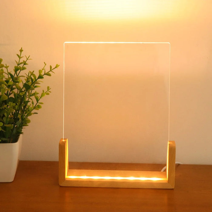 Small 153 x 200 x 4mm DIY Acrylic Handwritten Note Board Wood LED Light Stand Night Light USB Powered (Warm Light) - Beech Wood Base - 3