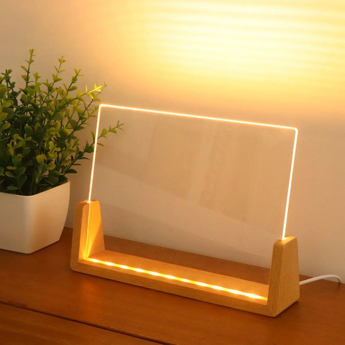 Large 203×150×4mm DIY Acrylic Handwritten Note Board Wood LED Light Stand Night Light USB Powered (Warm Light) - Beech Wood Base - 2