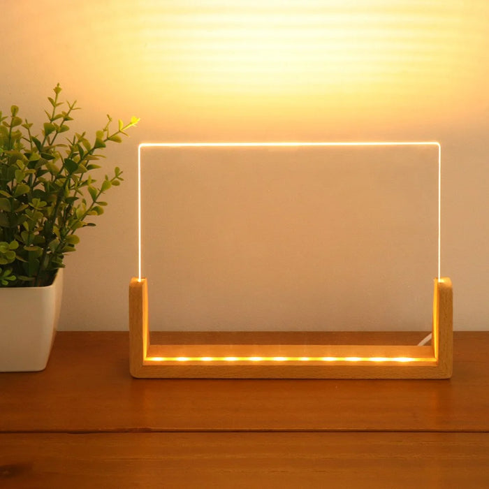 Large 203×150×4mm DIY Acrylic Handwritten Note Board Wood LED Light Stand Night Light USB Powered (Warm Light) - Beech Wood Base - 3