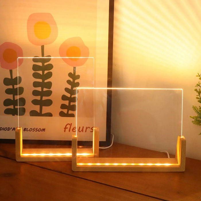 Large 203×150×4mm DIY Acrylic Handwritten Note Board Wood LED Light Stand Night Light USB Powered (Warm Light) - Beech Wood Base - 4