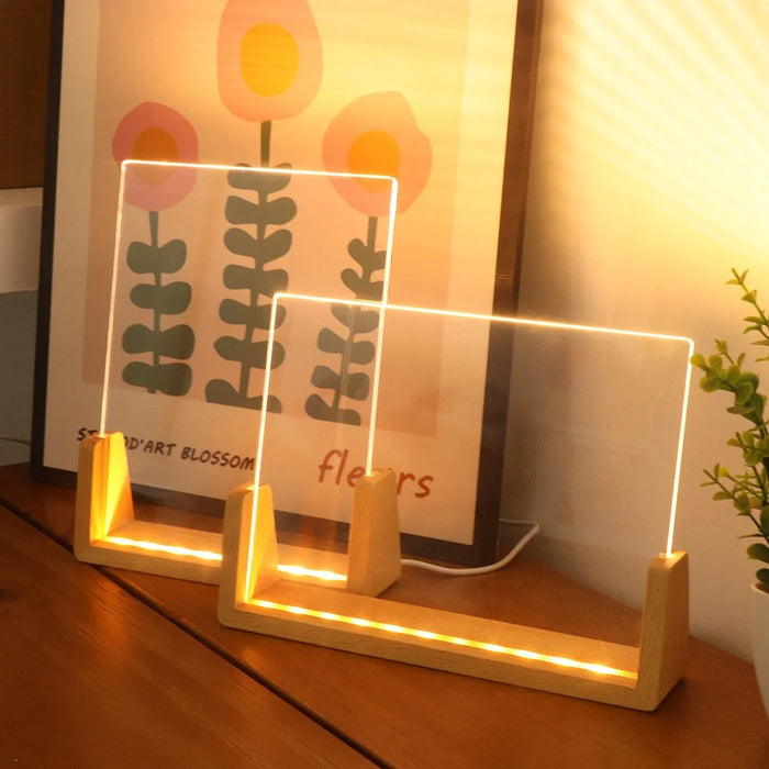 Large 203×150×4mm DIY Acrylic Handwritten Note Board Wood LED Light Stand Night Light USB Powered (Warm Light) - Beech Wood Base - 5